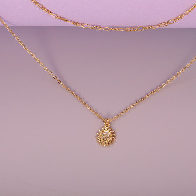 Collar De Capas Con Colgante De Flor Solar Con Zirconia, Chapado En Oro 14K
