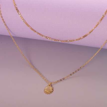 Collar De Capas Con Colgante De Flor Solar Con Zirconia, Chapado En Oro 14K