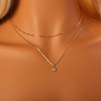 Collar De Capas Con Colgante De Flor Solar Con Zirconia, Chapado En Oro 14K