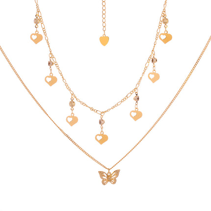Collar Oro 14K Con Colgante De Mariposa De Circón Y De Corazon Dos Multi-capas