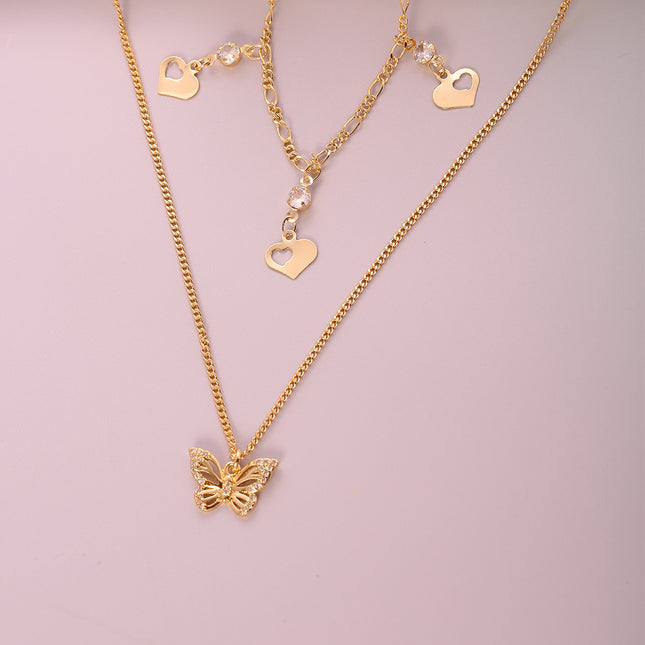 Collar Oro 14K Con Colgante De Mariposa De Circón Y De Corazon Dos Multi-capas
