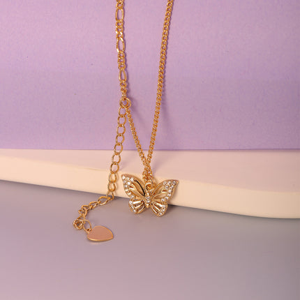 Collar Oro 14K Con Colgante De Mariposa De Circón Y De Corazon Dos Multi-capas