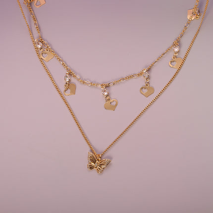 Collar Oro 14K Con Colgante De Mariposa De Circón Y De Corazon Dos Multi-capas