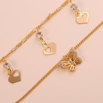 Collar Oro 14K Con Colgante De Mariposa De Circón Y De Corazon Dos Multi-capas