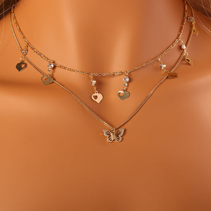 Collar Oro 14K Con Colgante De Mariposa De Circón Y De Corazon Dos Multi-capas