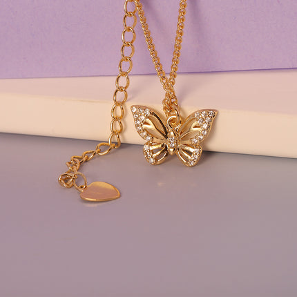 Collar Oro 14K Con Colgante De Mariposa De Circón Y De Corazon Dos Multi-capas
