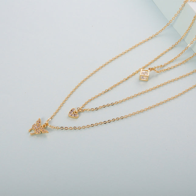 Collar De Capas Con Colgantes De Cubo, Corazón Y Mariposa Estilo Vintage