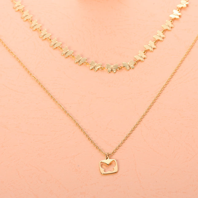 Collar De Dos Capas Con Colgante De Mariposa Calada, Cadena De Clavícula