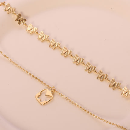 Collar De Dos Capas Con Colgante De Mariposa Calada, Cadena De Clavícula