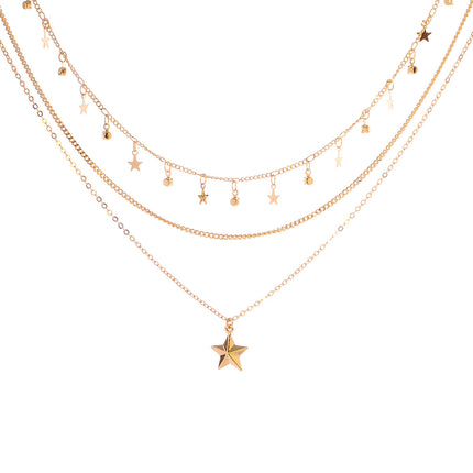 Collar Chapado En Oro 14K De Tres Capas Con Colgantes De Estrella