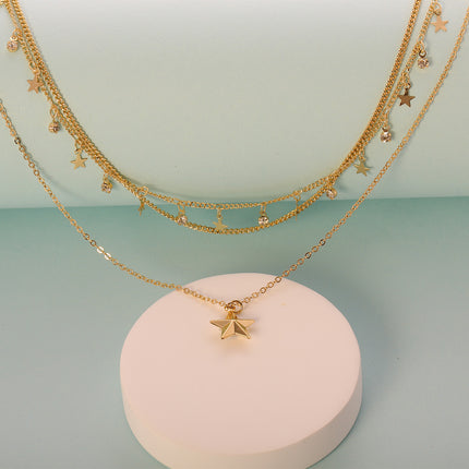 Collar Chapado En Oro 14K De Tres Capas Con Colgantes De Estrella