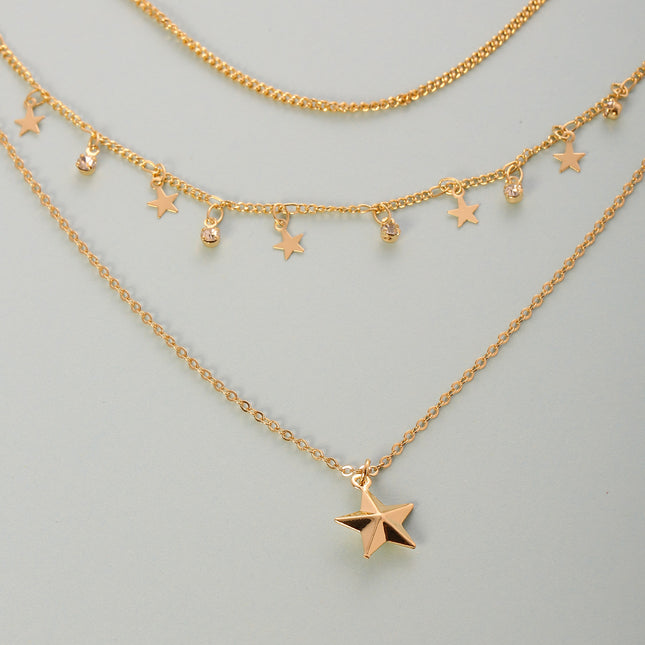 Collar Chapado En Oro 14K De Tres Capas Con Colgantes De Estrella