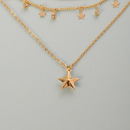 Collar Chapado En Oro 14K De Tres Capas Con Colgantes De Estrella
