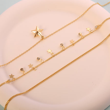 Collar Chapado En Oro 14K De Tres Capas Con Colgantes De Estrella