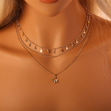 Collar Chapado En Oro 14K De Tres Capas Con Colgantes De Estrella