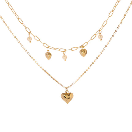 Collar De Capas Para Mujer, Perla Artificial Y Colgante De Corazón Dorado