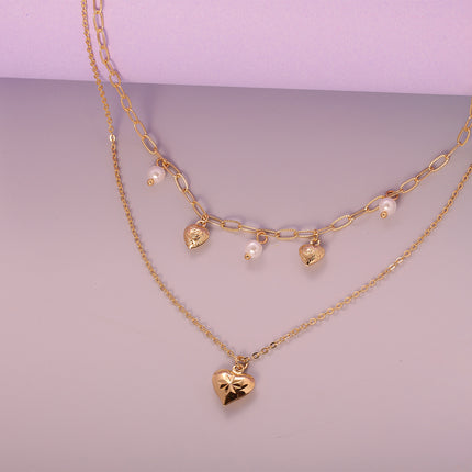 Collar De Capas Para Mujer, Perla Artificial Y Colgante De Corazón Dorado
