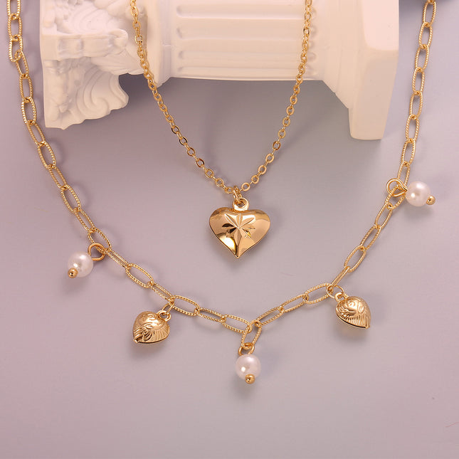 Collar De Capas Para Mujer, Perla Artificial Y Colgante De Corazón Dorado