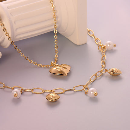 Collar De Capas Para Mujer, Perla Artificial Y Colgante De Corazón Dorado