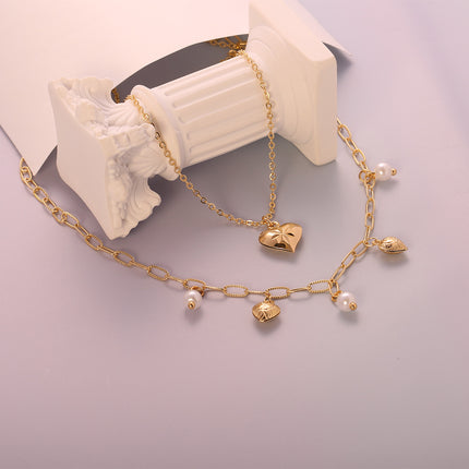 Collar De Capas Para Mujer, Perla Artificial Y Colgante De Corazón Dorado
