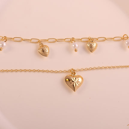 Collar De Capas Para Mujer, Perla Artificial Y Colgante De Corazón Dorado