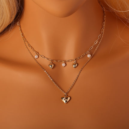 Collar De Capas Para Mujer, Perla Artificial Y Colgante De Corazón Dorado