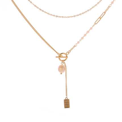 Collar De Cadena Larga De Cobre Enchapado En 14K Con Perlas Y Broche OT