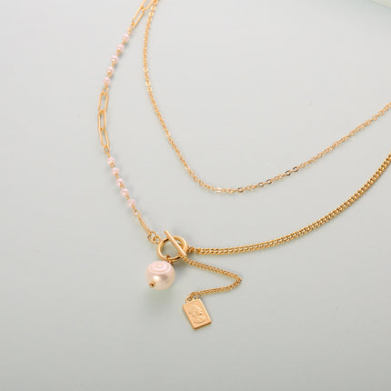 Collar De Cadena Larga De Cobre Enchapado En 14K Con Perlas Y Broche OT
