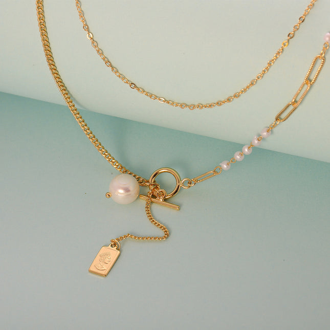 Collar De Cadena Larga De Cobre Enchapado En 14K Con Perlas Y Broche OT