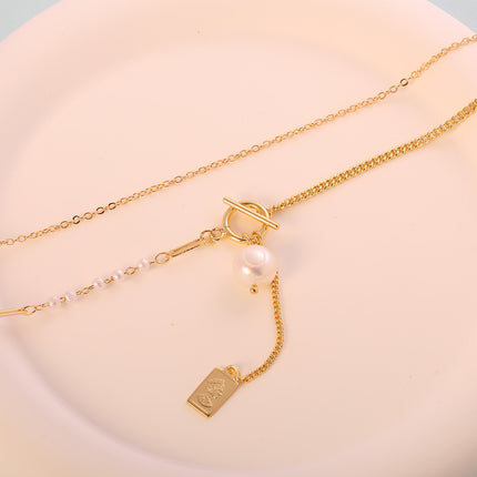 Collar De Cadena Larga De Cobre Enchapado En 14K Con Perlas Y Broche OT