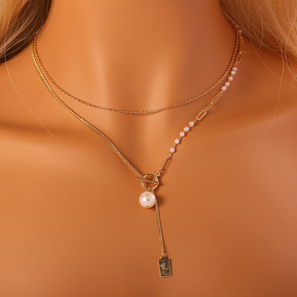 Collar De Cadena Larga De Cobre Enchapado En 14K Con Perlas Y Broche OT