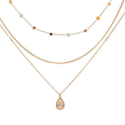 Collar De Capas Con Bloque De Colores Y Colgante De Circonita En Forma De Gota