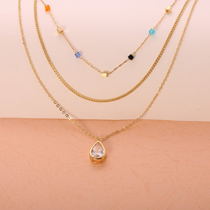 Collar De Capas Con Bloque De Colores Y Colgante De Circonita En Forma De Gota