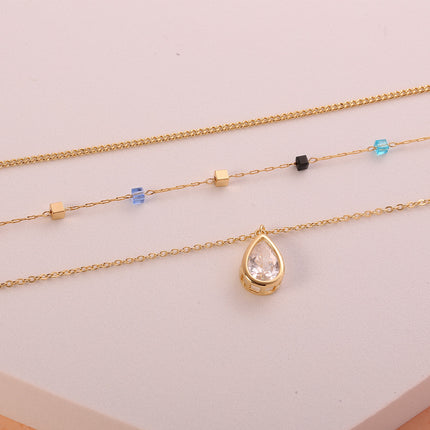 Collar De Capas Con Bloque De Colores Y Colgante De Circonita En Forma De Gota
