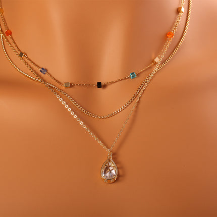Collar De Capas Con Bloque De Colores Y Colgante De Circonita En Forma De Gota