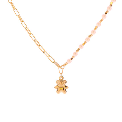 Collar Colgante De Osito Perlas Y Cadena Geométrica Hueca Chapado En Oro 14K