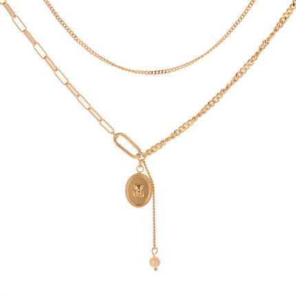 Collar Con Cadena Geométrica Oro 14K, Colgante De Oso Y Perla Para Mujer