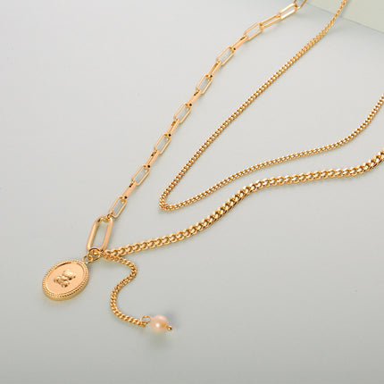 Collar Con Cadena Geométrica Oro 14K, Colgante De Oso Y Perla Para Mujer