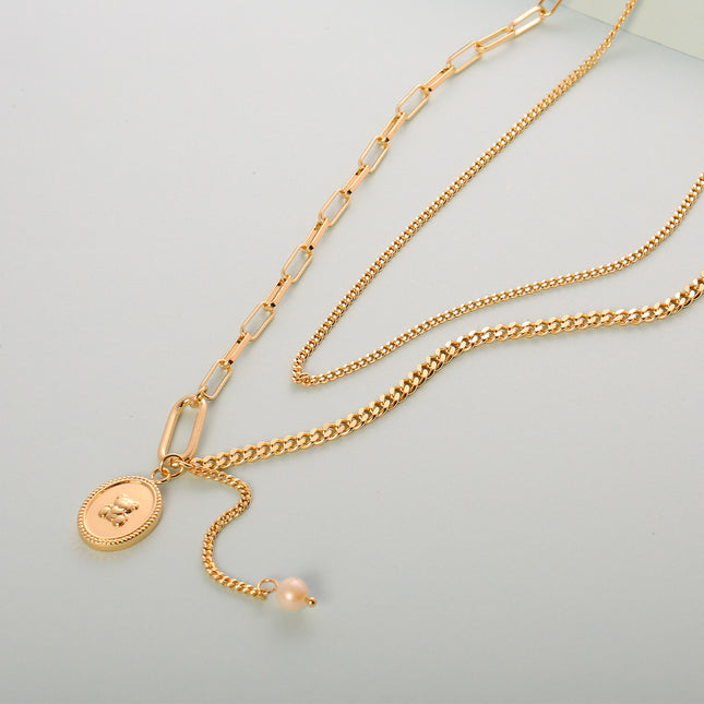 Collar Con Cadena Geométrica Oro 14K, Colgante De Oso Y Perla Para Mujer