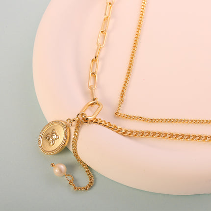 Collar Con Cadena Geométrica Oro 14K, Colgante De Oso Y Perla Para Mujer
