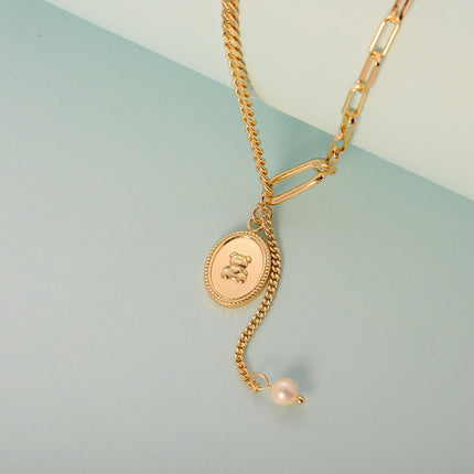 Collar Con Cadena Geométrica Oro 14K, Colgante De Oso Y Perla Para Mujer