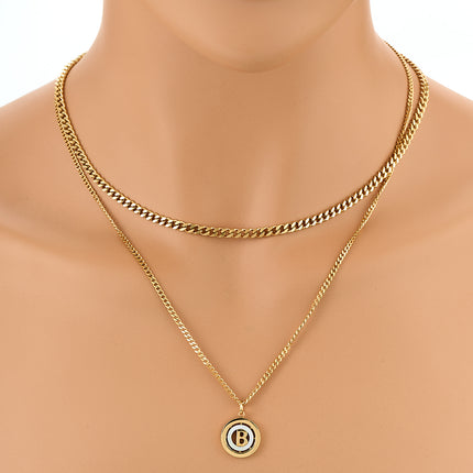 Collar De Cadena Plana De Doble Capa Con Colgante De Concha Redonda Con B Interior