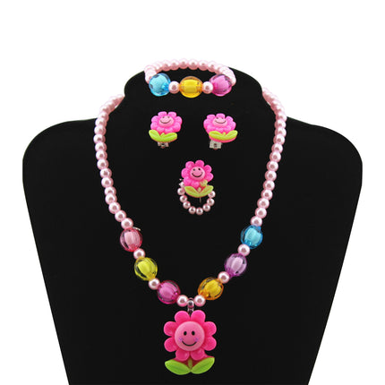 Conjunto De Joyería Infantil De Girasol, Collar, Pulsera, Aretes Y Anillo