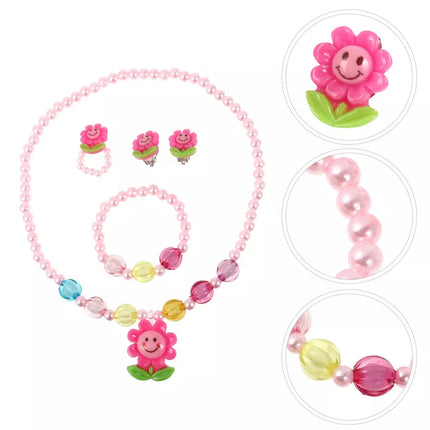Conjunto De Joyería Infantil De Girasol, Collar, Pulsera, Aretes Y Anillo