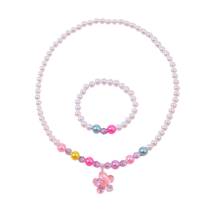 Conjunto De Pulsera Y Collar De Perlas Acrílicas Con Colgante De Flor