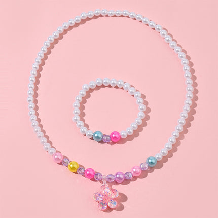 Conjunto De Pulsera Y Collar De Perlas Acrílicas Con Colgante De Flor