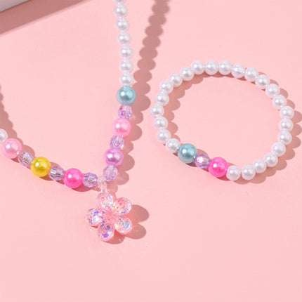 Conjunto De Pulsera Y Collar De Perlas Acrílicas Con Colgante De Flor