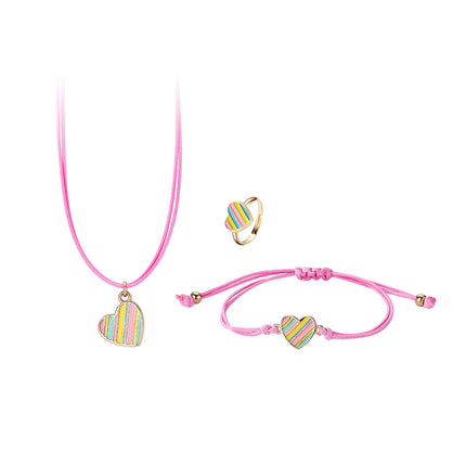 Set Infantil De Joyería Con Corazón A Rayas: Collar, Pulsera Y Anillo