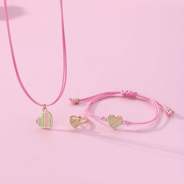 Set Infantil De Joyería Con Corazón A Rayas: Collar, Pulsera Y Anillo