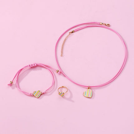 Set Infantil De Joyería Con Corazón A Rayas: Collar, Pulsera Y Anillo